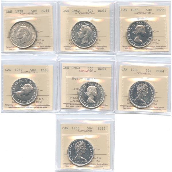 1938-1966 Silver Fifty Cents - ICCS Graded Lot of 7