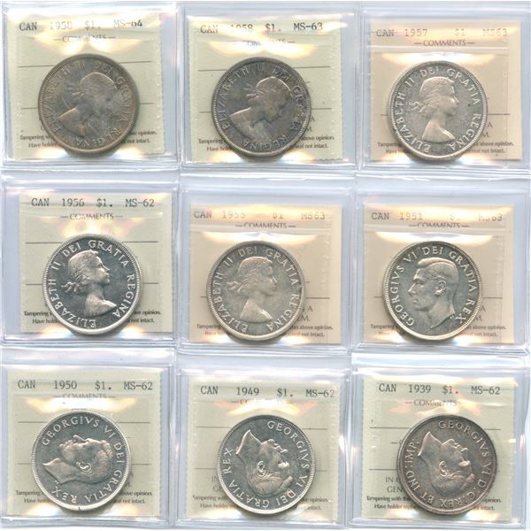 1939 - 1958 Silver Dollars - ICCS Graded Lot of 9