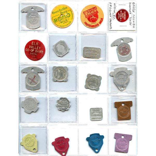 Lot of Twenty-Five Canadian Dairy Tokens And Milk Bottle Tops.