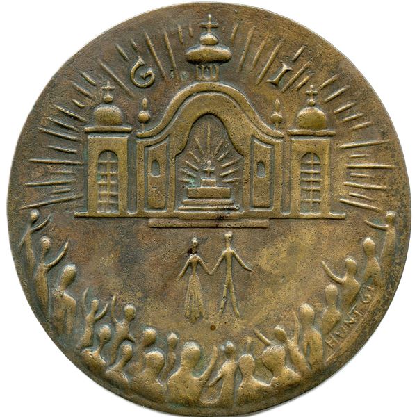 Dora De Pédery-Hunt Personnel Medal. Couple holding hands before a gathering in front of a church.