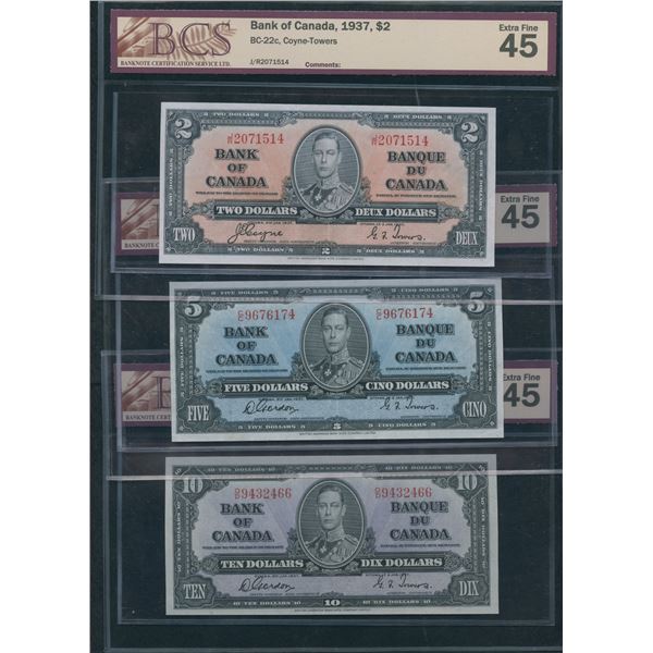 Bank of Canada $2, $5, $10, 1937 - BCS Graded Lot of 3