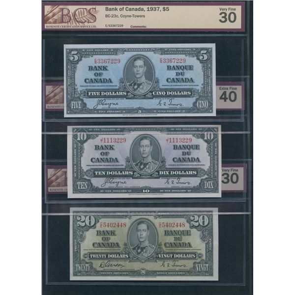 Bank of Canada $5, $10, 20, 1937 - BCS Graded Lot of 3