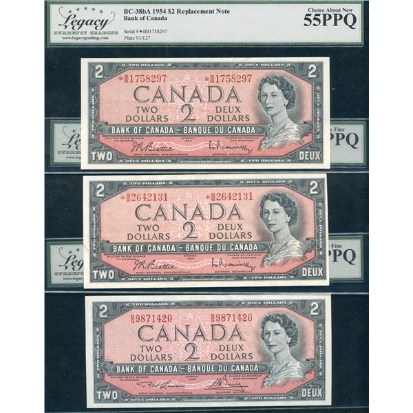 Bank of Canada $2, 1954 - Lot of 3 with Replacements