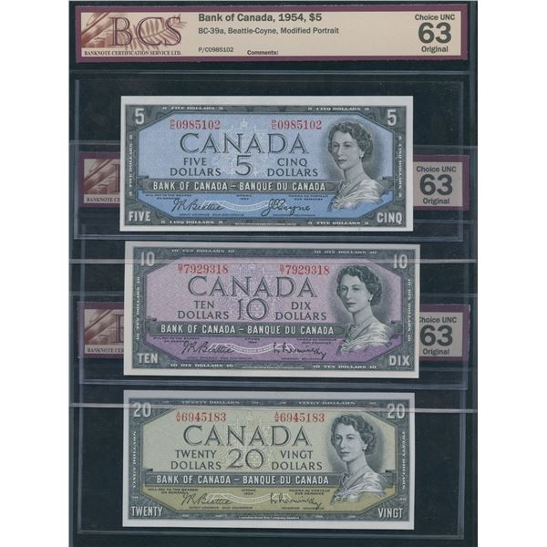 Bank of Canada $5, 1954 - BCS Graded Lot of 3