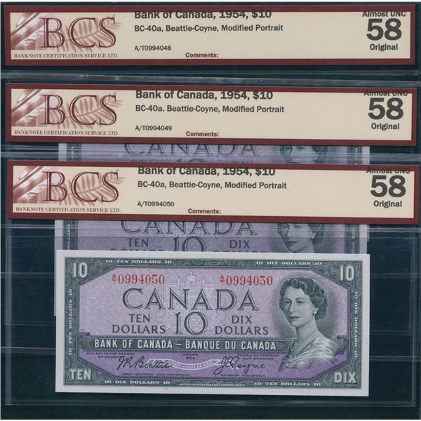 Bank of Canada $10, 1954 - Lot of 3 Consecutive's
