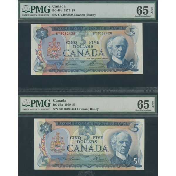 Bank of Canada $5, 1972 & 1979 - PMG Graded Lot of 2
