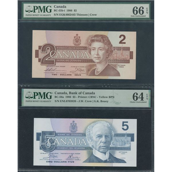 Bank of Canada $2 & $5, 1986 - PMG Graded Lot of 2