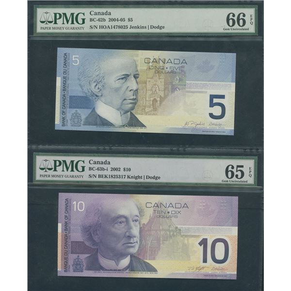 Bank of Canada $5 & $10, 2002/04 - PMG Graded Lot of 2