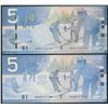 Image 1 : Bank of Canada $5, 2002 Lot of 2 Two Digit Radars