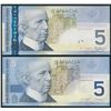 Image 2 : Bank of Canada $5, 2002 Lot of 2 Two Digit Radars