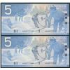 Image 1 : Bank of Canada $5, 2002 Lot of 2 Fancy Serial Numbers