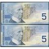 Image 2 : Bank of Canada $5, 2002 Lot of 2 Fancy Serial Numbers