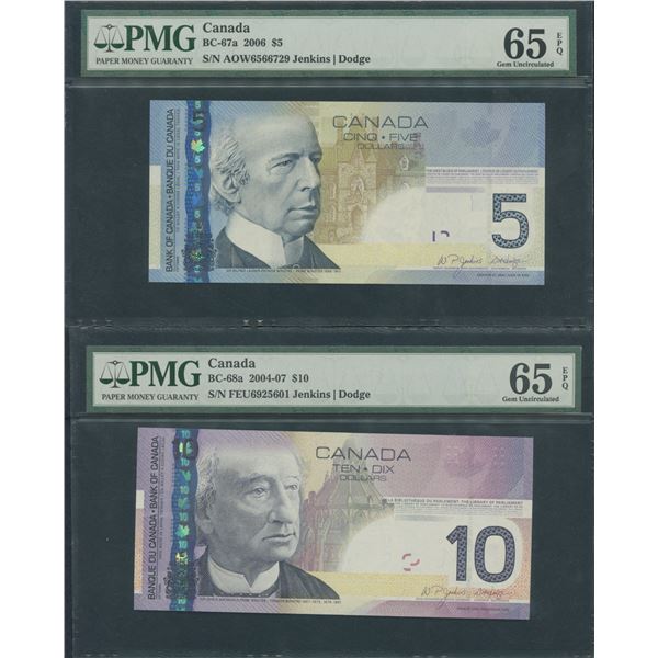Bank of Canada $5 & $10, 2004/06 - PMG Graded Lot of 2