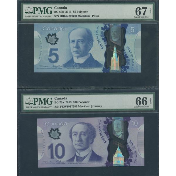 Bank of Canada $5 & $10, 2013 - PMG Graded Lot of 2