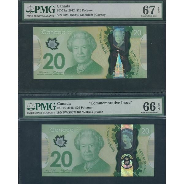 Bank of Canada $20, 2012 & 2015 - PMG Graded Lot of 2