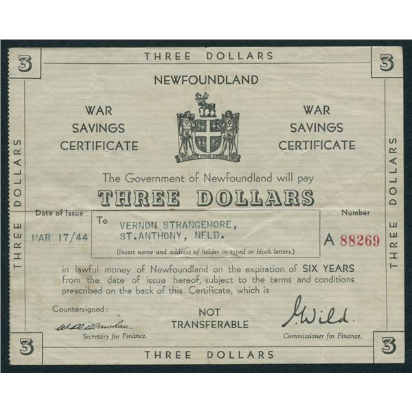 Government of Newfoundland $3 War Savings Certificate