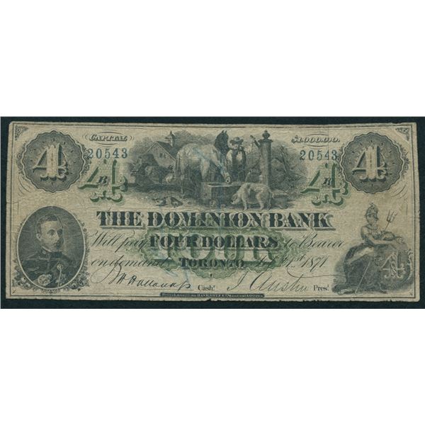 Dominion Bank, $4, 1871, Contemporary Counterfeit