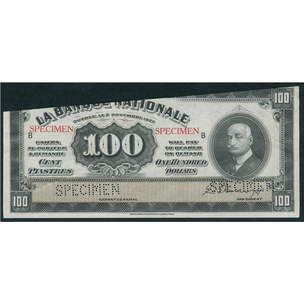 La Banque Nationale $100, 1922