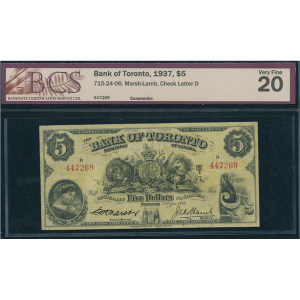 Bank of Toronto $5, 1937