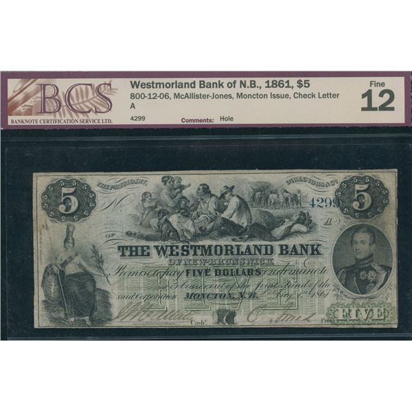 Westmorland Bank of New Brunswick $5, 1861
