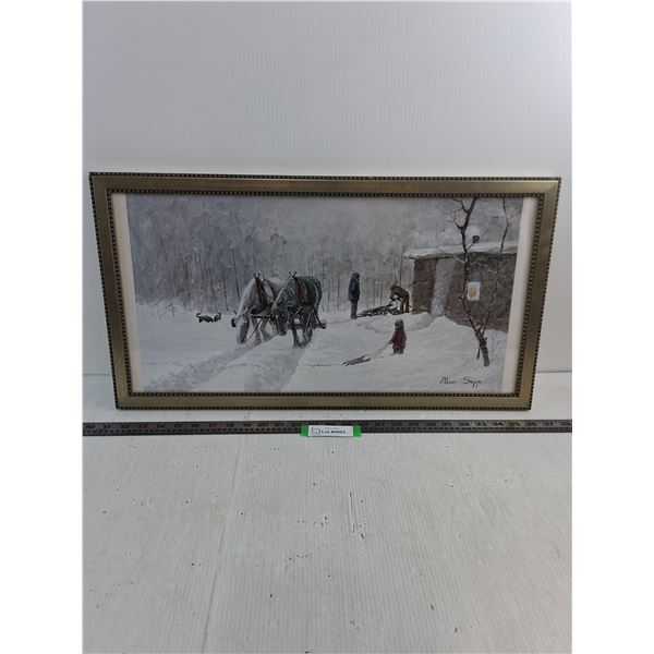 Framed "Winter Scene" Painting by Allen Sapp - 25.5" x 14" - Pickup Preferred