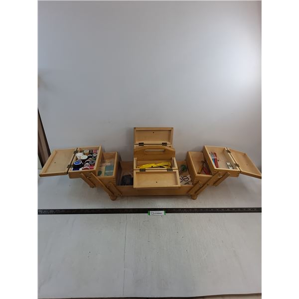 Vintage Wooden "Accordion Style" Sewing Storage w/Contents - 10x10x17.5"