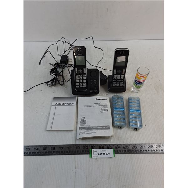 (2) Panasonic Cordless Phones - Both Power On, GE Camera Flashes, Tulum Shot Glass