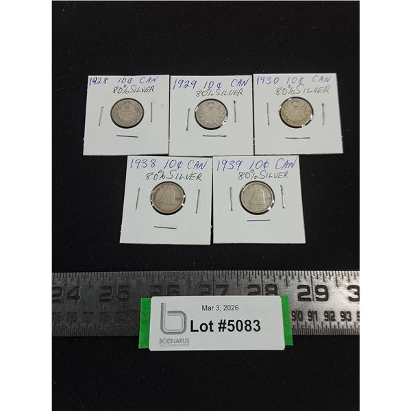 (5) Canadian Silver Dimes from 1928-1939