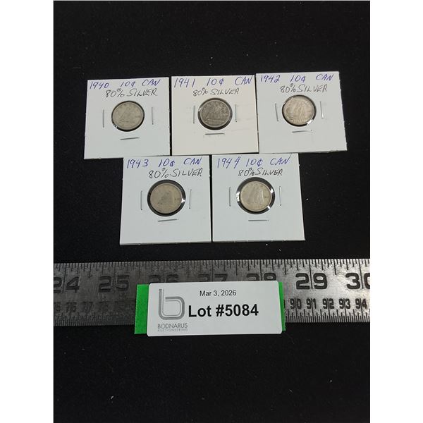 (5) Canadian Silver Dimes from 1940-1944