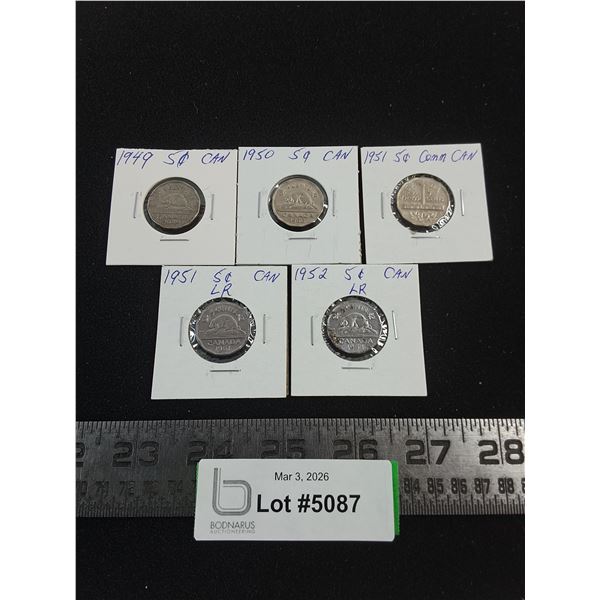 (5) Canadian Nickels from 1949-1952
