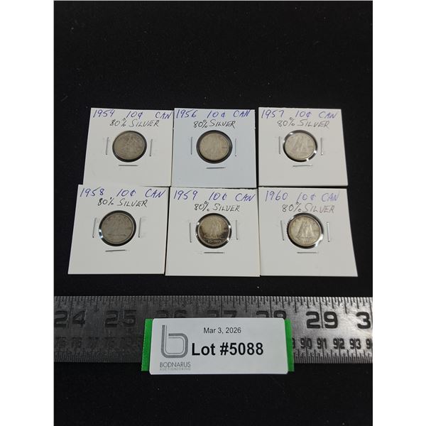 (6) Canadian Silver Dimes from 1954-1960