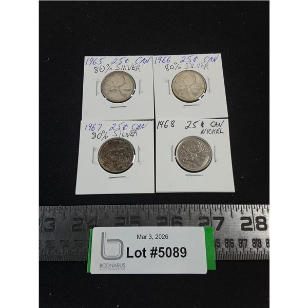 (4) Canadian Silver/Nickel Quarters from 1965-1968