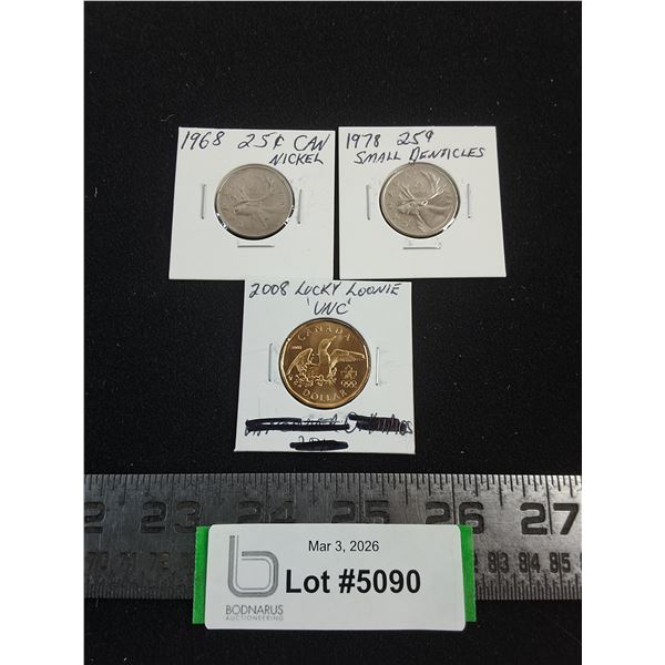 (2) Canadian Quarters from 1968 & 1978, Uncirculated 2008 Lucky Loonie