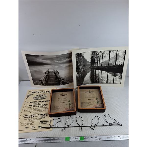 (3) Posters, (2) Earth Care 8" x 10" Picture Frames, Wired Wall Bird Decor