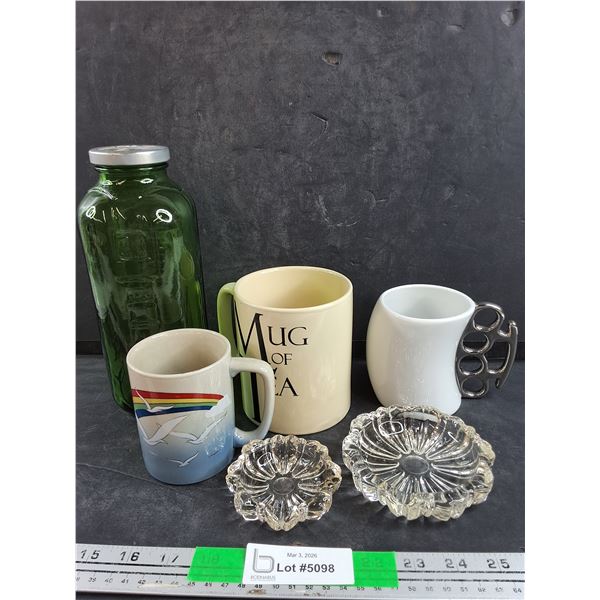 Vintage Green Glass Water Jar, Ceramic Mugs, (2) Glass Ashtrays