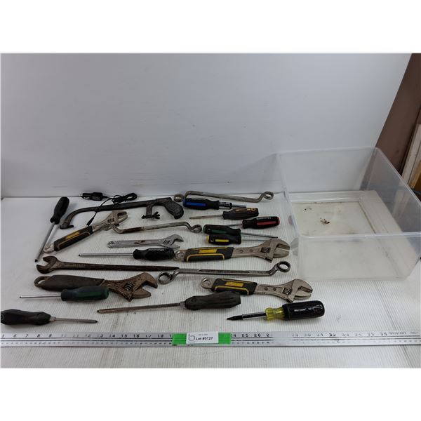 Hacksaw, Wrenches, Screwdrivers, 12V Adapter, Plastic Container 14" x 11" x 6"