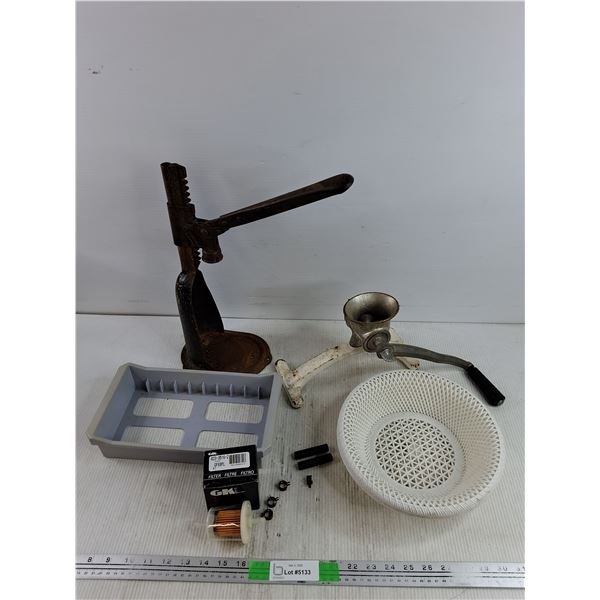 Vintage Bottle Capper, Meat Grinder, GKI Filter, (3) Plastic Wicker Bowls, Misc
