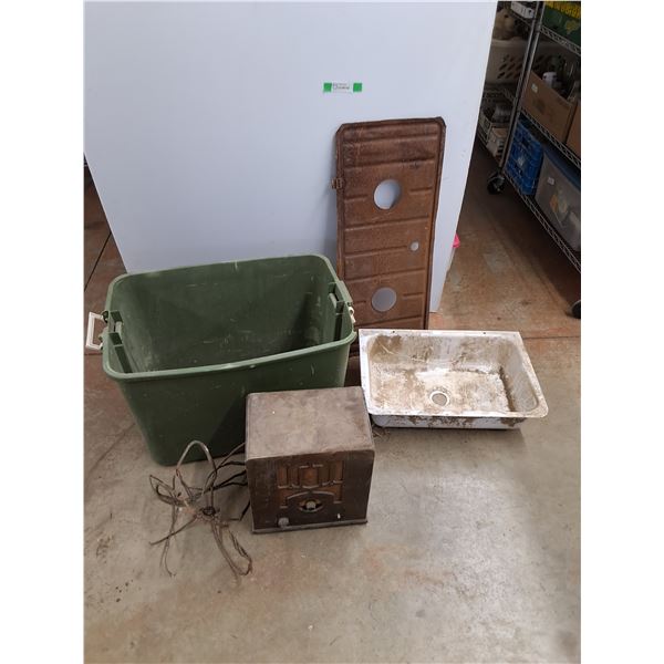 *Vintage Radio, Enamel Sink 24" x 16" x 6", Plastic Tote 27" x 19" x 18", Misc
