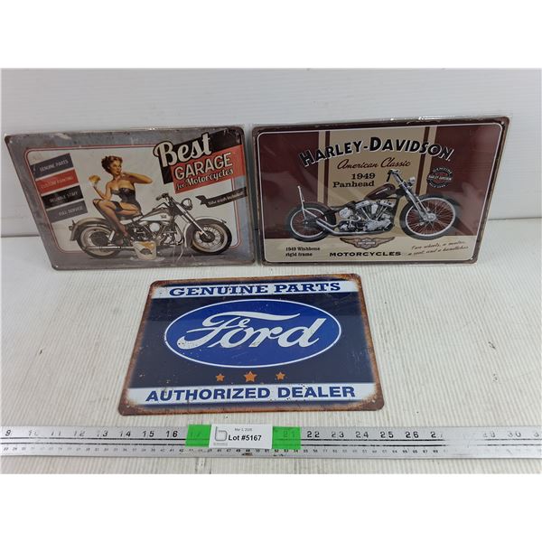 (3) Metal Signs - Ford, Harley Davidson, Best Garage for Motorcycles 12" x 8"