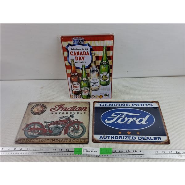 (3) Metal Signs - Indian Motorcycle, Ford, Canada Dry 12" x 8"