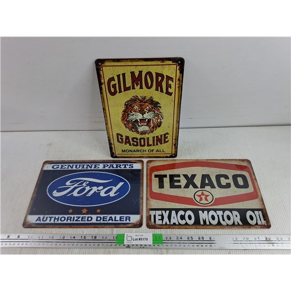 (3) Metal Signs - Gilmore Gasoline, Ford, Texaco - 12" x 8"