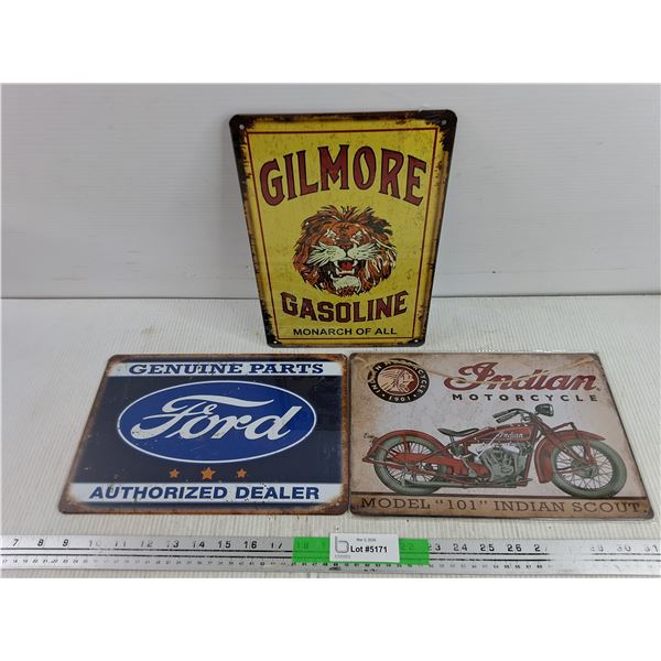 (3) Metal Signs - Indian Motorcycle, Ford, Gilmore Gasoline 12" x 8"