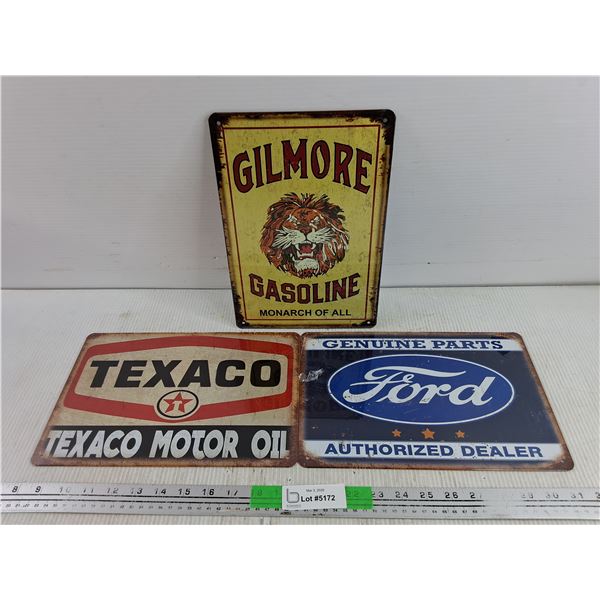 (3) Metal Signs - Texaco, Ford, Gilmore Gasoline 12" x 8"