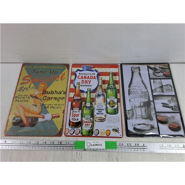 (3) Metal Signs - Bubba's Garage, Canada Dry, Coca Cola 12" x 8"