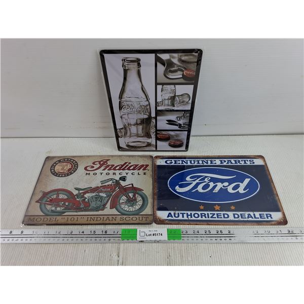 (3) Metal Signs - Indian Motorcycle, Ford, Coca Cola 12" x 8"