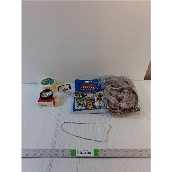 Assorted- Camera Lens ( Tamron), Chain, Drapery Cords, Book