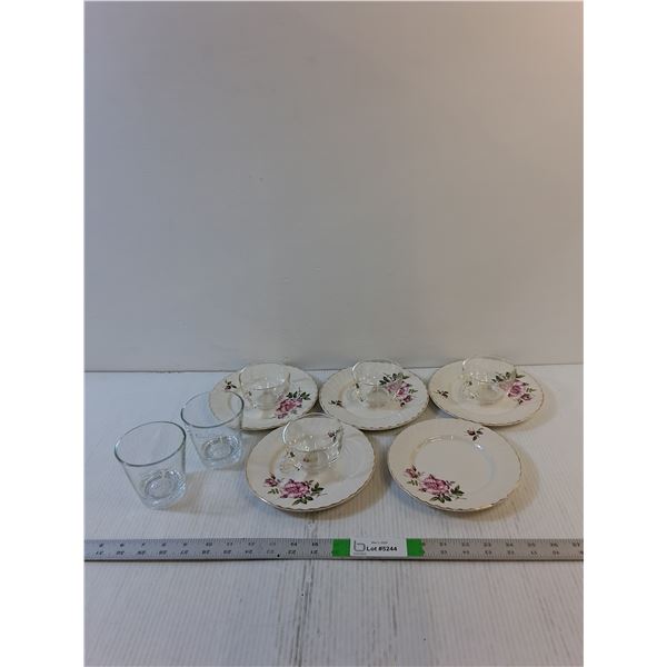 Assorted  Glassware- Teacups,  Saucers,  'Crown Royal' Glasses