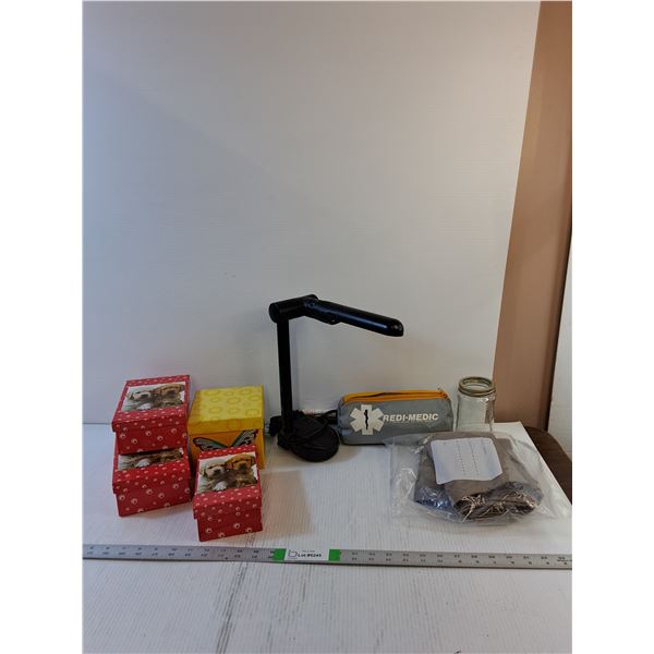 Assorted- Lamp, Curtain, First Aid Bag, Small Boxes
