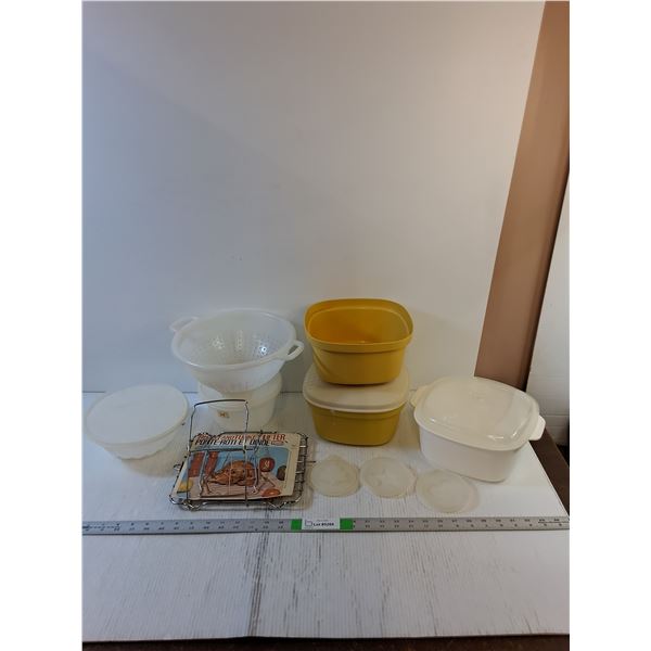 Assorted Kitchenware- Tupperware,  Strainer,  Cookie Cutters
