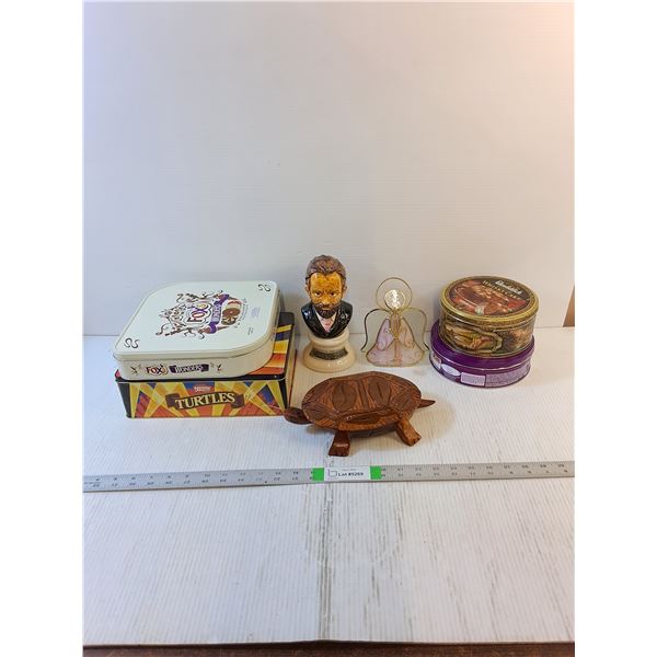 Assorted Decor- Tins, Angel, Wooden Turtle, Bust